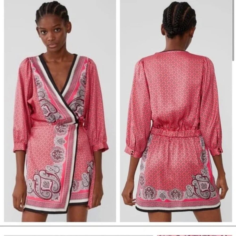 Zara Kimono Wrap Dress MEDIUM Tie Pink Black Paisley Silky 3/4 Sleeve